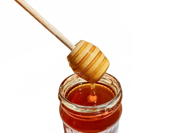 Včelí Med Polyflóry Tekoucí Sklenice Dřevěné Lžíce Koncept Včelařství — Stock fotografie