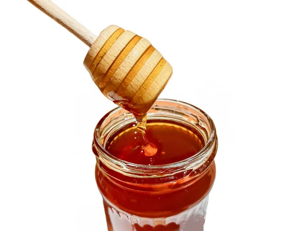 Polyflora Bee Honey Flowing Jar Wooden Spoon Concept Beekeeping — ストック写真