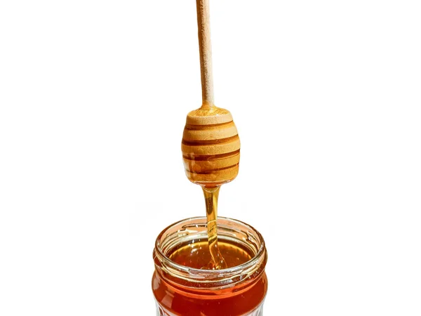 Polyflora Bee Honey Flowing Jar Wooden Spoon Concept Beekeeping — Fotografia de Stock