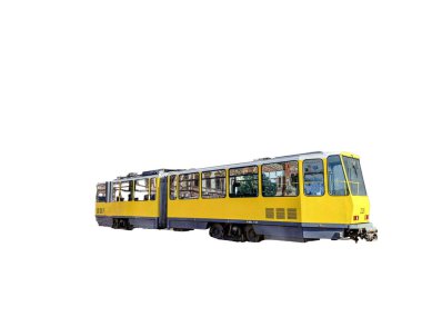 Oradea şehrindeki tramvay beyaz arka planda izole edildi