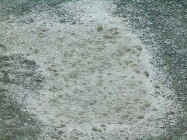 raindrops falling into a puddle during a torrential downpour