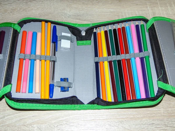 Pencil Case Colored Pencils Crayons Pen Eraser Sharpener School Concept — Zdjęcie stockowe
