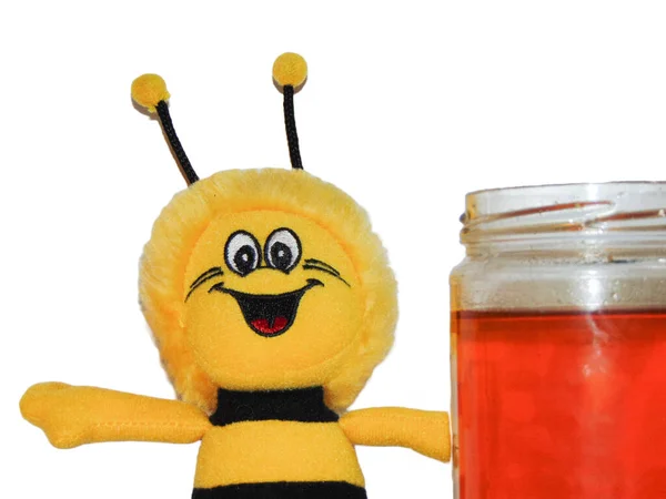 Плюшевая Улыбающаяся Пчела Банка Полифлорного Меда Концепция Пчеловодства Пчелиная Игрушка — стоковое фото