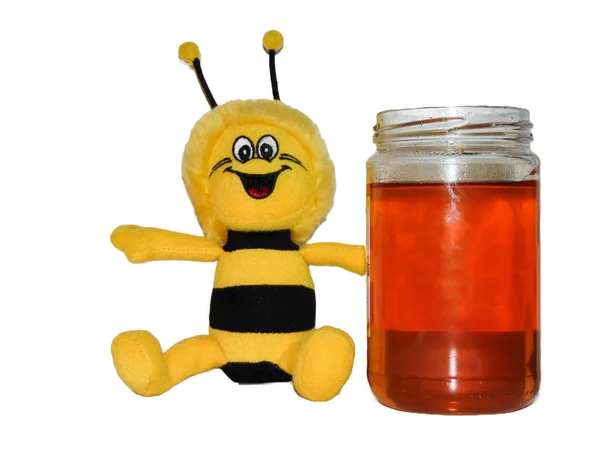 Pluszowa Uśmiechnięta Pszczoła Słoik Miodu Poliflory Koncepcja Pszczelarska Zabawka Dla — Zdjęcie stockowe