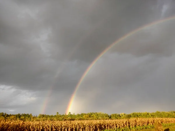 Arco Iris Natural Después Lluvia Condado Maramures Rumania —  Fotos de Stock