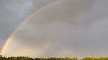 Romanya 'da yağmurdan sonra güzel bir gökkuşağı. Panoramik gökkuşağı. Doğal gökkuşaklı video
