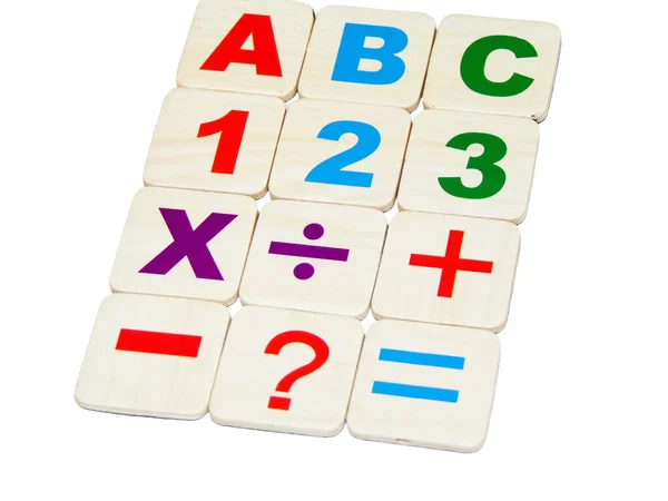 Gekleurde Letters Cijfers Wiskundige Tekens Geïsoleerd Wit — Stockfoto