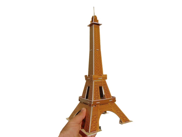 Person Holds His Hand Eiffel Tower Made Puzzle — Stock Photo, Image
