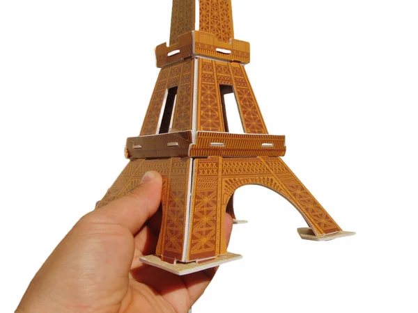 Person Holds His Hand Eiffel Tower Made Puzzle — Stock Photo, Image