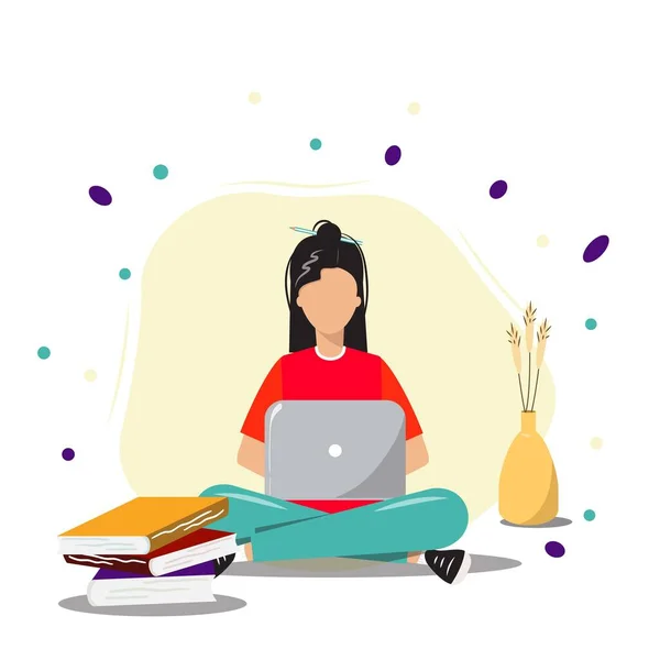 Jovem Mulher Sentada Chão Com Laptop Livros Aprendizagem Online Ilustração —  Vetores de Stock