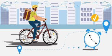 Pizza teslimatı Teslimat servisi. Bisikletle pizza getiren mutlu genç adam.. 