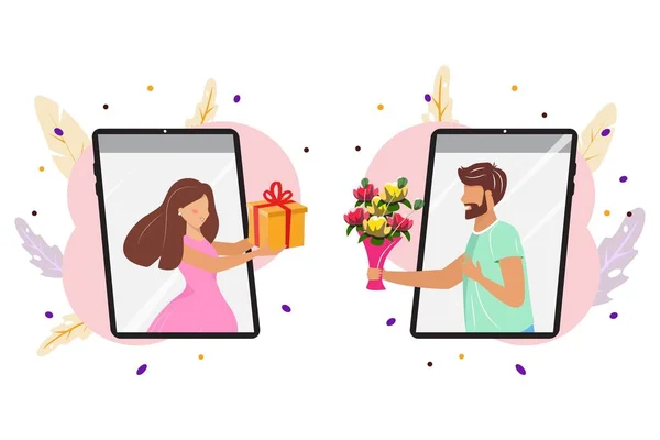 Jeune Couple Faisant Des Cadeaux Rencontre Ligne Distance Sociale Problèmes — Image vectorielle