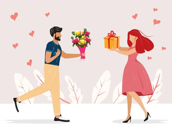 Férfiak Nők Ajándékozzák Egymást Aranyos Szerelmesek Ajándékot Adnak Egymásnak Valentin — Stock Vector