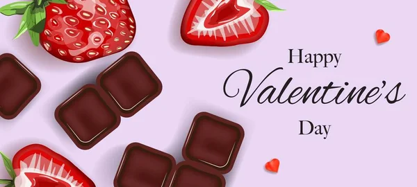 Feliz San Valentín Banner Con Chocolate Fresas Corazones Sobre Fondo — Vector de stock