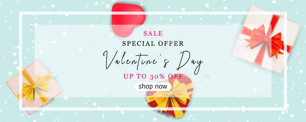 Valentines day banner with snow and gift boxes on blue background. For web banners, cards, advertisements. Winter banner. Vector Happy Valentines Day background. 