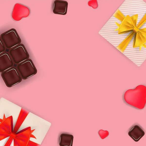 Pink template with chocolate, gift boxes, hearts for Happy Valentines Day. — Wektor stockowy