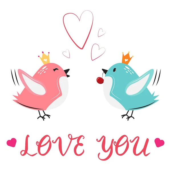 Cute happy birds in love. Pink and blue birds in the air. — Stock Vector