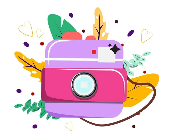 Camera Isolated Purple Photo Camera Leaves Background Print Cards Banners — Stock Vector