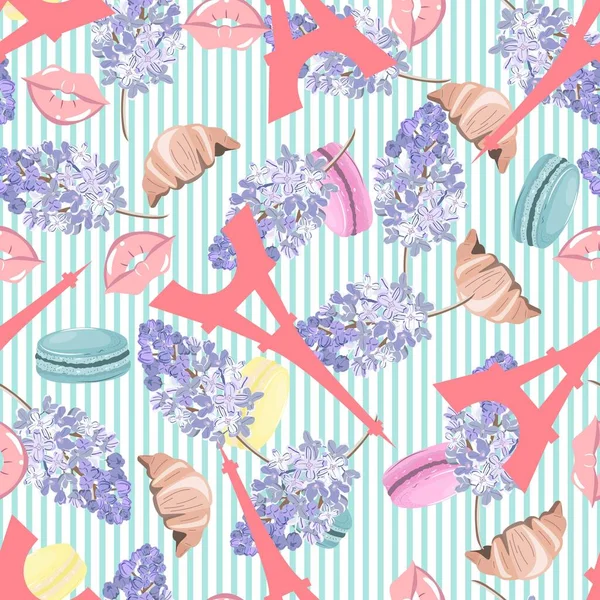 Seamless pattern with Eiffel Tower and French pastry. Vintage pastel floral pattern with Eiffel Tower. For textile, paper, wrapping paper, cards, packaging. 