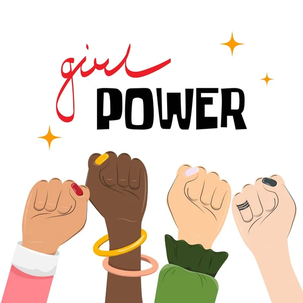 Kepalan Tangan Wanita Multikultural Ilustrasi Konsep Feminisme Simbol Kekuatan Gadis - Stok Vektor