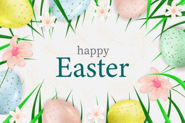 Yumurtalı, otlu ve çiçekli Mutlu Paskalyalar afişi. Kart şablonu, afişler, arka planlar, reklamlar. Paskalya için gerçekçi arkaplan.