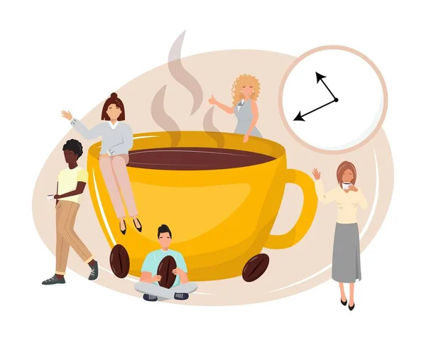 Grupo Pessoas Fazendo Uma Pausa Para Café Conversando Grande Xícara — Vetor de Stock