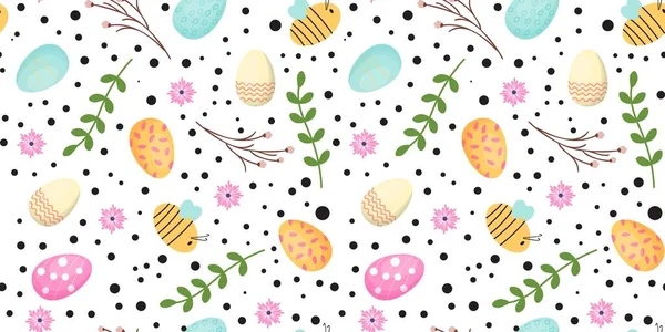 Patrón sin costura de Pascua con abejas, huevos de Pascua, flores, puntos y hojas. — Vector de stock