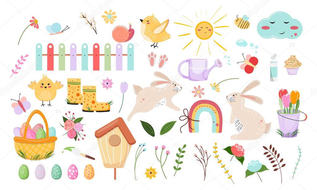 Set of Easter items. Collection of spring design elements for any cute projects. Hand drawn elements. Vector illustration.