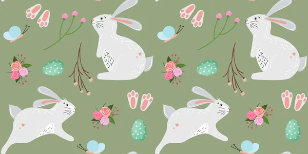 Patrón sin costuras con lindos conejitos de Pascua, huevos de Pascua y flores sobre fondo verde. — Vector de stock