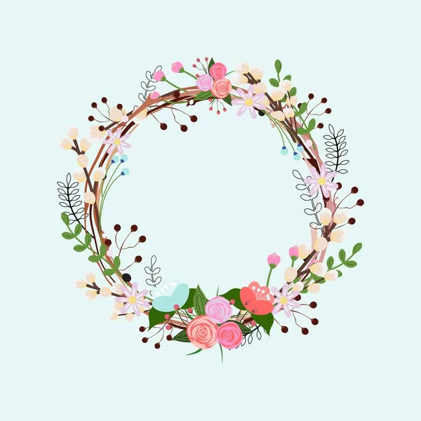 Belle couronne printanière avec fleurs, feuilles, baies et branches de saule. — Image vectorielle
