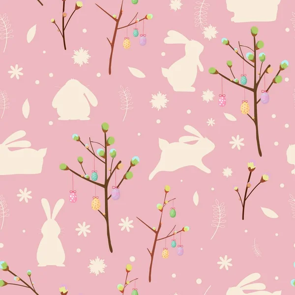 Patrón sin costura de Pascua con conejitos y árboles de Pascua decorados con huevos pintados. — Vector de stock