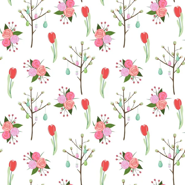 Floral Inconsútil Golpeteo Hermoso Patrón Sin Costuras Con Rosas Tulipanes — Vector de stock