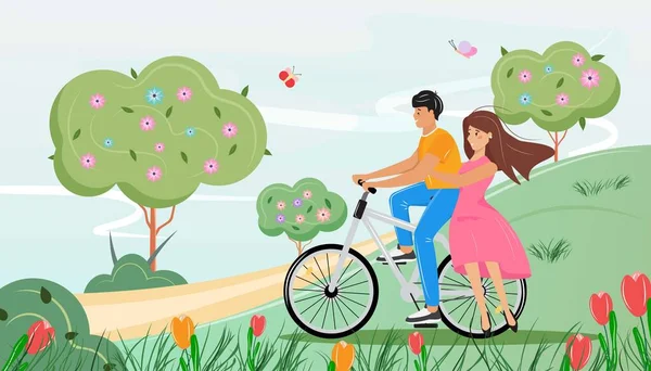 Пара Їде Велосипеді Парку Весняна Літня Пейзажна Ілюстрація Чоловік Жінка — стоковий вектор