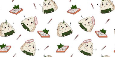 Beyaz arka planda onigiri deseni. Nori 'ye sarılı pirinç topları ile kusursuz desen. Tekstil, ambalaj kağıdı, ambalaj için. Vektör deseni.