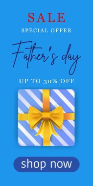 Babalar Günü satış şablonunuz kutlu olsun. Mavi arka planda hediye kutusu olan indirimli pankart. Gerçekçi vektör illüstrasyonu.