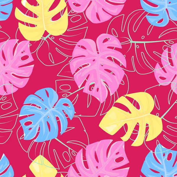 Pink Seamless Pattern Tropical Leaves Tropical Monstera Leaves Pink Background — Stockvektor