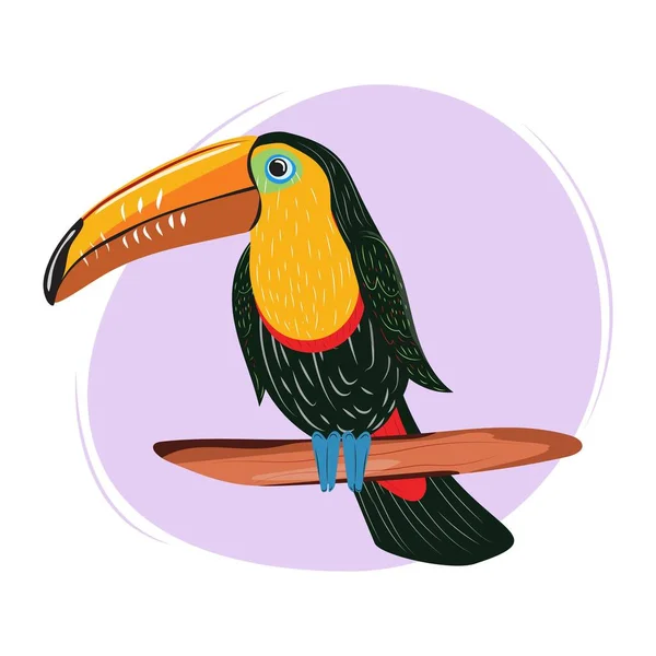 Toucan sitting on the branch. Exotic tropical bird sitting on the branch. Hand drawn illustration in flat design style for advertising, vacation design, cards, logo.