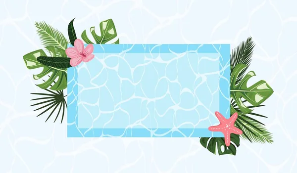 Leere Tropische Sommerschablone Mit Wasser Tropischen Blättern Blume Und Seestern — Stockvektor
