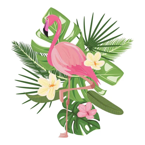 Flamingo Auf Einem Bein Stehend Mit Tropischen Blättern Hintergrund Bunte — Stockvektor