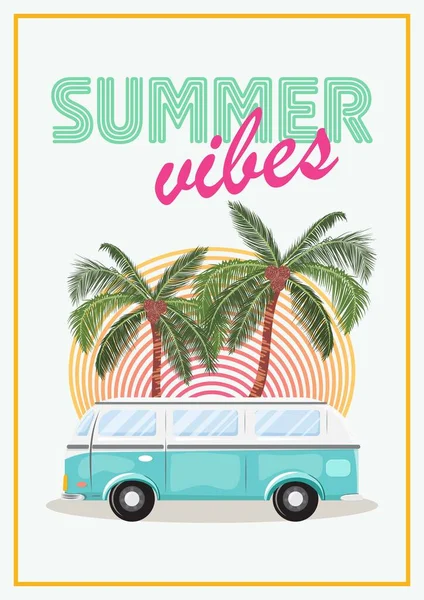 Summer Road Trip Illustration Cartoon Style Illustration Van Palms Background — Stock Vector