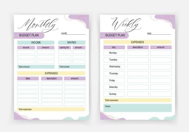 Modern pastel tarzında mor ay ve haftalık bütçe planlayıcısı. Aylık ve haftalık bütçe planlayıcıları. Minimalist basit yazdırılabilir planlayıcı.