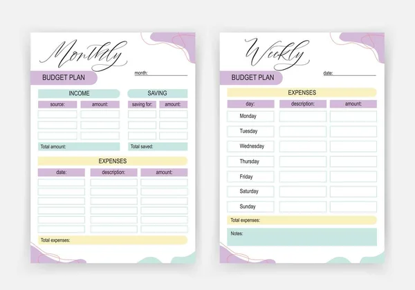 Modern pastel tarzında mor ay ve haftalık bütçe planlayıcısı. Aylık ve haftalık bütçe planlayıcıları. Minimalist basit yazdırılabilir planlayıcı.