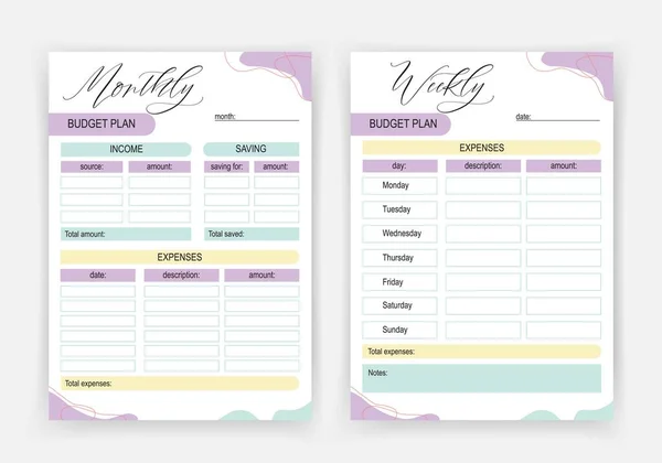パープルヶ月と現代のパステルスタイルで毎週予算プランナー 月と週の予算プランナーのセット ミニマリズムシンプルな印刷可能なプランナー — ストックベクタ