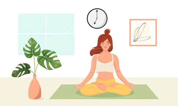 Frau Meditiert Nach Hause Konzeptillustration Für Yoga Meditation Entspannung Erholung — Stockvektor