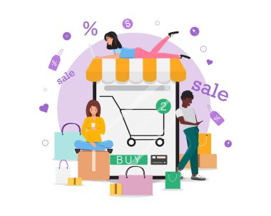 İnternetten alışveriş yapan bir grup insan. Büyük ekranın yanındaki alışveriş arabalı insanlar. Kara Cuma, büyük satış konsepti. Kelepir avcı.