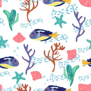 Mavi balıklarla, mercanlarla, yosunlarla ve denizyıldızlarıyla kusursuz desenler. Güzel, pürüzsüz okyanus deseni. Tekstil, ambalaj kağıdı, ambalaj, plaj kıyafeti, ev dekorasyonu ve tasarım yüzeyleri için..