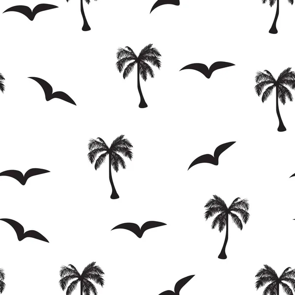Tropisches Nahtloses Muster Mit Palmensilhouette Und Vögeln Schwarz Weißer Hintergrund — Stockvektor