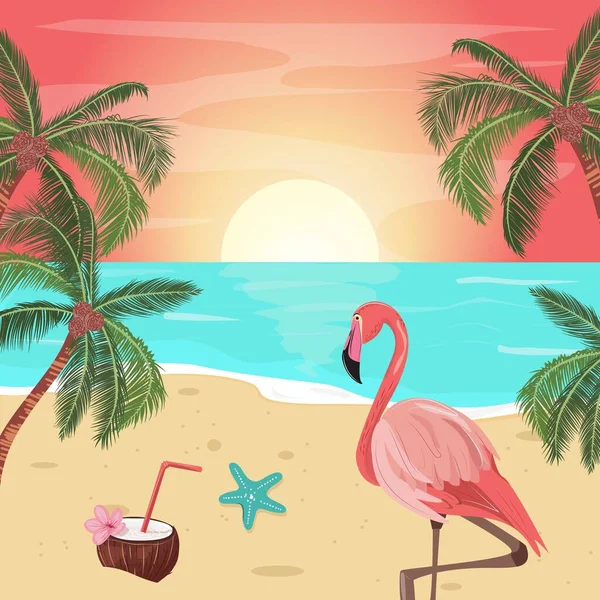 Schöne Illustration Zum Sonnenuntergang Mit Strand Palmen Flamingo Kokoscocktail Und — Stockvektor