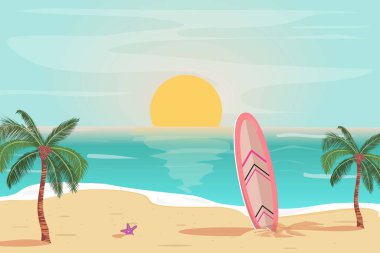 Sahili, sörf tahtası, palmiye ağaçları ve deniz yıldızıyla gün batımının güzel çizimi. Kartlar, pankartlar ve arka planlar için tropik bir gün batımı. Seyahat, tatil konsepti çizimi.
