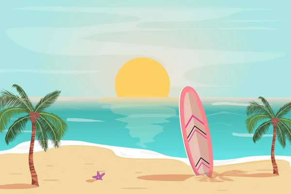 Schöne Illustration Zum Sonnenuntergang Mit Strand Surfbrett Palmen Und Seesternen — Stockvektor